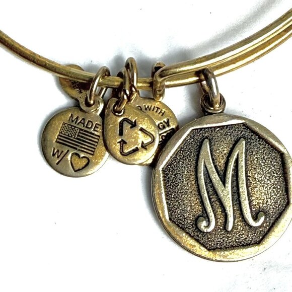 Alex and Ani Antiqued Gold Tone 'M' Charm Expandable Bangle Bracelet - Picture 2 of 4